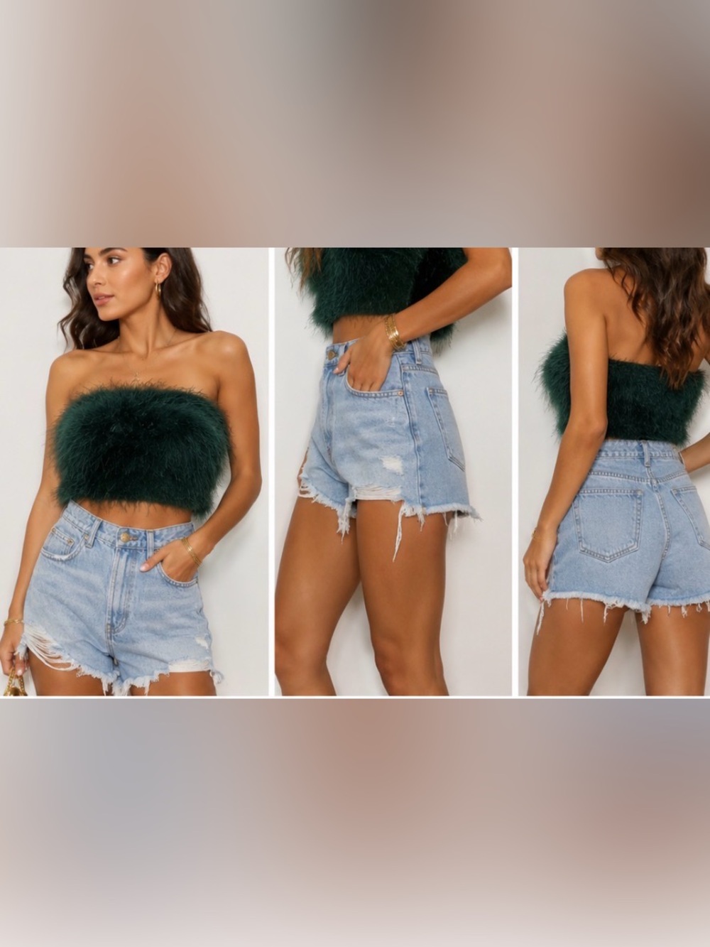 12th Tribe Feather-Trim Forest Green Strapless Crop Top - Picture 5 of 6